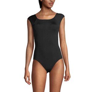 Lands End 22W Black One Piece Swimsuit Tummy Control Cap Sleeve X Back Lined Cup